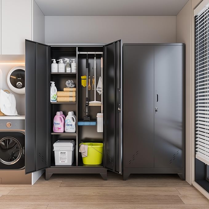 61" H Metal Storage Cabinet, Storage Shed with Shelves for Brooms and mops, Cleaning Supplies Closet with Removable Pegboard for Outdoor, Garage, Utility Room