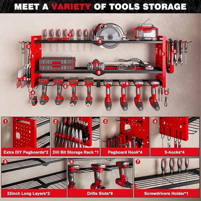 Power Tool Organizer Wall Mount,Cordless Drill Hanger Storage Rack 8 Drill Holder,3 Layers Heavy Duty Power Tool Storage Rackr(Red)