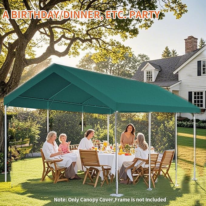 10'x20' Carport Replacement Top Canopy Cover for Car Garage Top Tarp Shelter, Waterproof Car Cover Tent for Party Garden Boat with Ball Bungees (Frame is not Included) (Greem, 10' x 20')