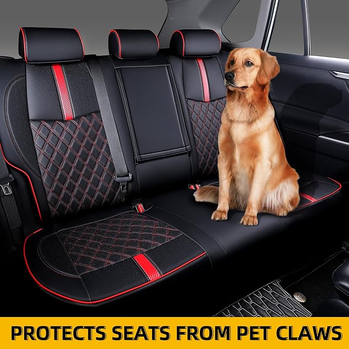 Custom Fit RAV4 Seat Covers for 2019-2025 Toyota RAV4 LE,XLE,XLE Premium,Limited Full Coverage Waterproof Leather Car Seat Covers Full Set (Black with Red Trim)