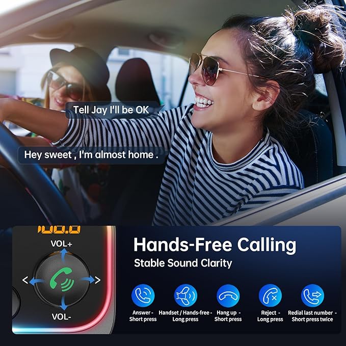 Syncwire Bluetooth 5.4 FM Transmitter Car Adapter 54W (PD 36W & 18W) [Stronger Dual Mics] [Light Switch] [HiFi Bass Sound] [Fast Charging] Wireless Radio Receiver Hands-Free Calling LED Display