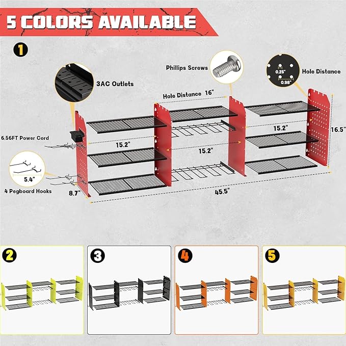 Power Tool Organizer with Charging Station Wall Mount, 3 Layer Expanded Heavy Duty Garage Organization, 45.5 Inch Length Garage Tool Storage, 8 Drills, 2 Assemble Method, Red
