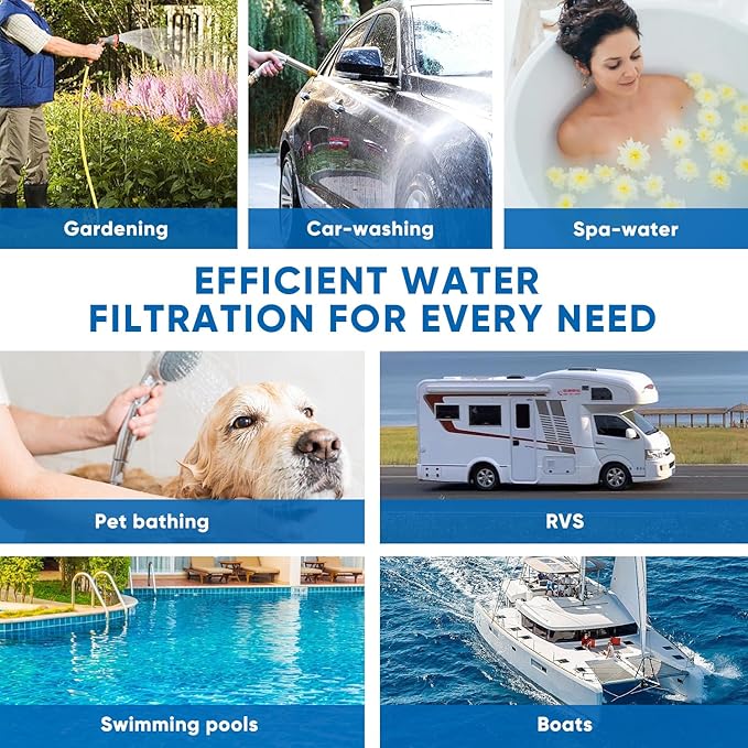 PUREPLUS RV Water Filter System for Garden, Pool, Spa, RV, Camper, Marine, Boat Hose, for Drinking, Car Washing, Gardening, Planting, Reduces Chlorine, Heavy Metals, Odors, 2PACK