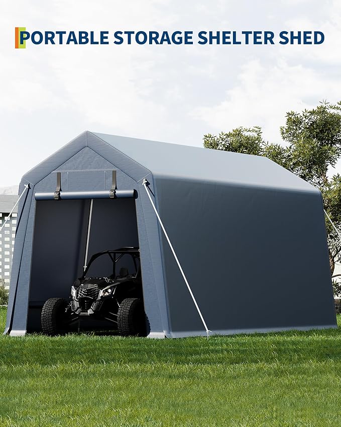 7x15FT Outdoor Storage Shed, Portable Carport with Roll-up Ventilated Zipper Door and Windows, Heavy Duty Waterproof Tarp, Storage Sheds for Motorcycle, Bike, Firewood, Garden Tools