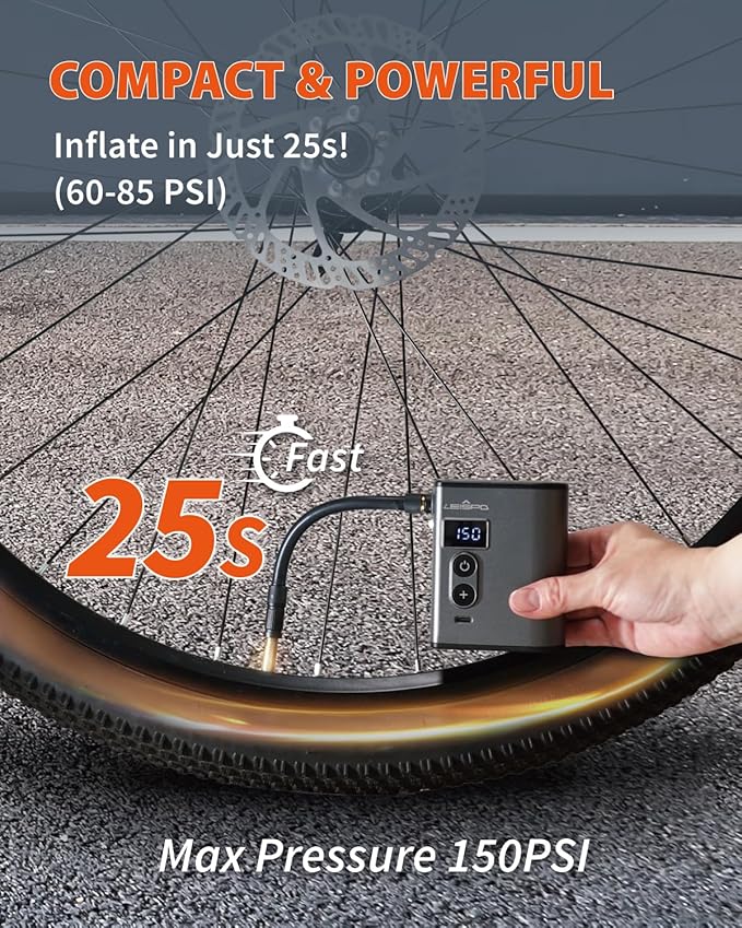 TMP1 Mini Bike Tire Pump, 150PSI Electric Air Pump with Gauge, Fast Inflate Bicycle Pump, Presta & Schrader Valve, Portable Air Pump for Road Bikes, Mountain Bike,E-Bike,Motorcycle,Sports Balls