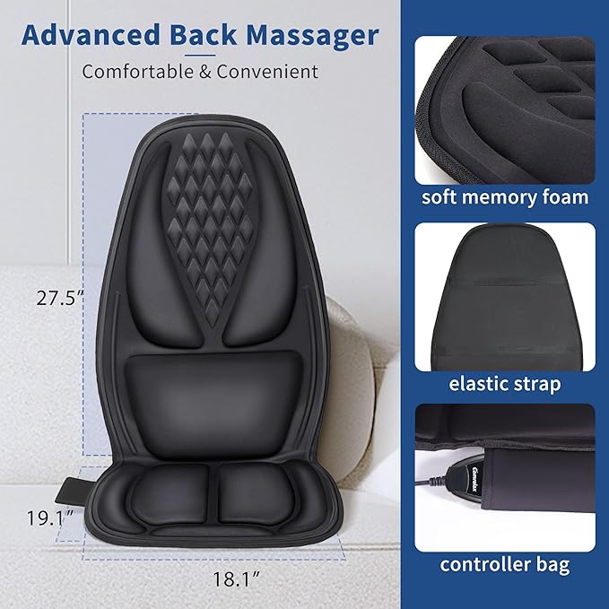 Back Massage Chair Pad with 3D Lumbar Support, Electric Back Massager for Pain Relief, Massage Seat Cushion with 3 Vibration Intensities & 2 Heat Levels
