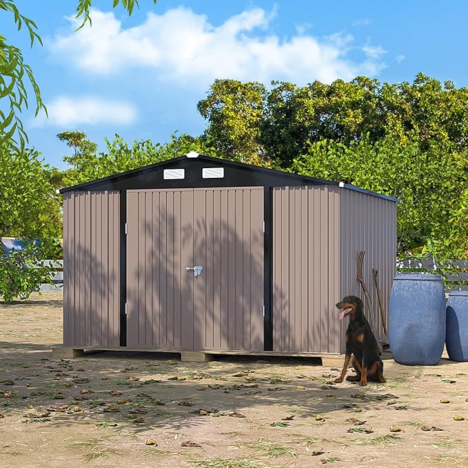 UDPATIO Outdoor Storage Shed 10x10 FT, Outside Sheds & Outdoor Storage Metal Galvanized Steel for Backyard, Patio, Lawn, Tool Shed with Lockable Door for Trash Can, Bike, Lawnmower, Generator