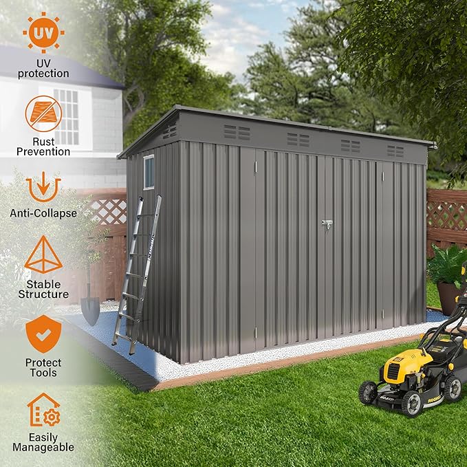 4x9 FT Outdoor Storage Shed,Metal Shed W/Window,Garden Storage Shed W/ 6 Air Vents & 2 Swing Doors,Weatherproof Tool House W/Sloped Roof,for Backyard Patio Lawn,Gray