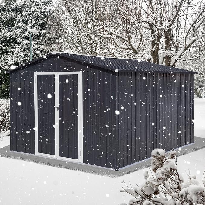 12 x 10 FT Metal Garden Shed, Outdoor Storage Shed with Heavy-Duty Steel Construction, Built-in Punched Vents & Hinged Door, Free Padlock for Secure Backyard, Patio & Garage Storage, Dark Grey