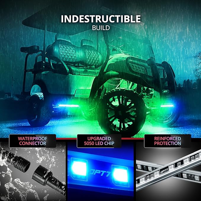 OPT7 Aura DreamColor Underglow Chasing Lights for Golf Cart w/APP & Remote Control, Waterproof Rigid Aluminum Light Bar, Decorative RGB-IC Car LED Lighting Kit, EZGO Yamaha Club Car Universal Fit