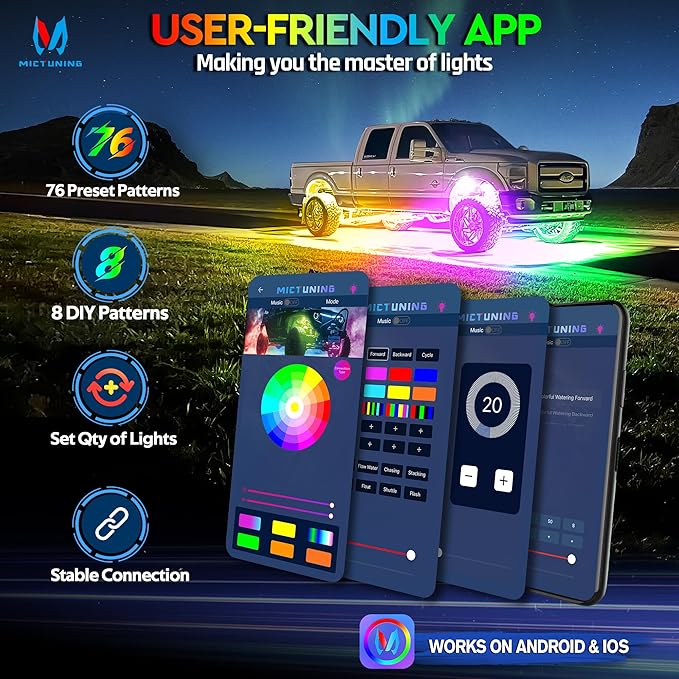 MICTUNING 2025 1000% Bright Q1 MAX RGB+IC Rock Lights, 20 Pods Chasing Dreamcolor Extensible Underglow Multicolor Neon Light Underbody Lighting Kit with APP Control for Truck ATV UTV Boat