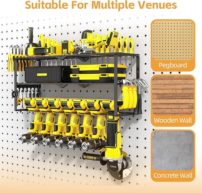 Power Tool Organizer Wall Mount Cordless,15 Min Fast Install Metal Garage Tool Storage Organizer Heavy Duty 3 Layers 7 Drill Power Tool Holder Storage Rack Tool Shelf Wall Mount for Shop Organization