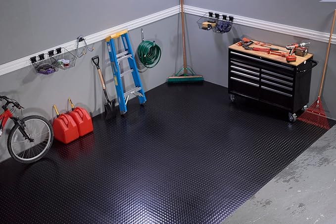 G-Floor Seamless Sheet Vinyl Shed Flooring Cover with Bonded Fibrous Backing - Coin Pattern (8' x 8', Midnight Black)