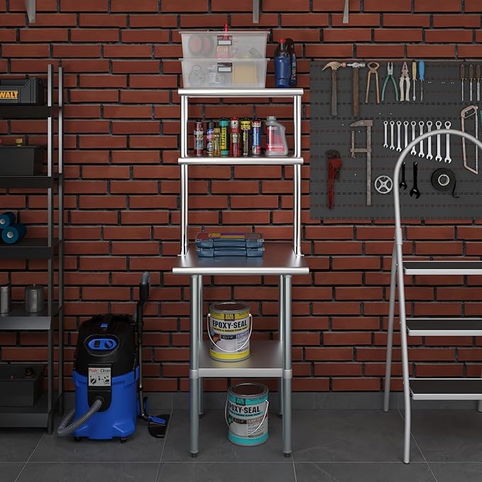 Amgood Stainless Steel Work Table Wide Double Tier Overshelf | NSF | Metal Kitchen Prep Table & Shelving Combo (24" x 24" Work Table + 12" Overshelf)