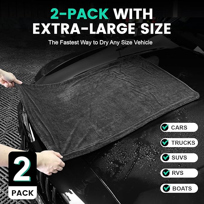 2 Pack Double-Sided Car Care Extra-Large, Ultra-Absorbant Microfiber Drying Towel for Cars and Trucks, Super Absorbent Car Drying Towel, 1300GSM, 35" x 24"