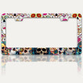 Sugar Skull License Plate Frame Skeleton Flowers License Plate Holders Funny Stainless Steel Auto Accessory Bracket 2 Hole with Screws Universal Us Car License Plate Frames 6x12 Inch for Women Men
