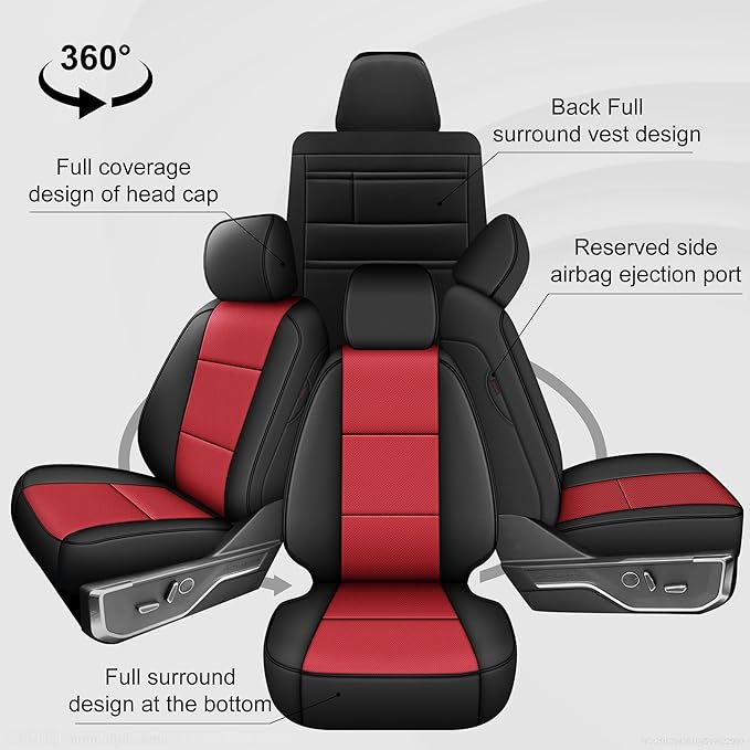 AOMSAZTO Front Seat Covers for Ford F150 XL XLT: 2015-2024 SuperCrew & F250 F350 F450 2017-2024 Super Duty Crew Cab XL XLT Faux Leather Full Set Seat Cover (Black + Red, 2PCS Front)