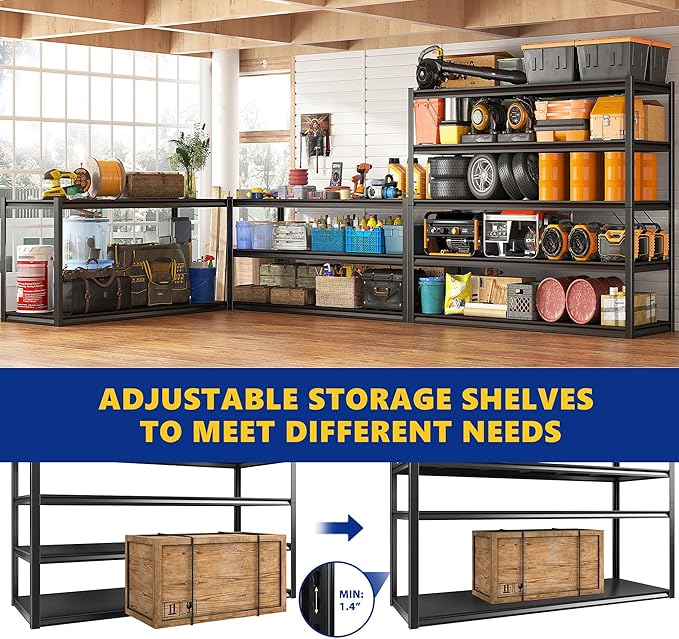 REIBII 48.2" W Garage Shelving Heavy Duty Metal Shelving 3000LBS Storage Shelves Adjustable Metal Shelf Industrial Pantry Shelves for Basement Garage Warehouse 72.2" H x 24.2" D x 48.2" W