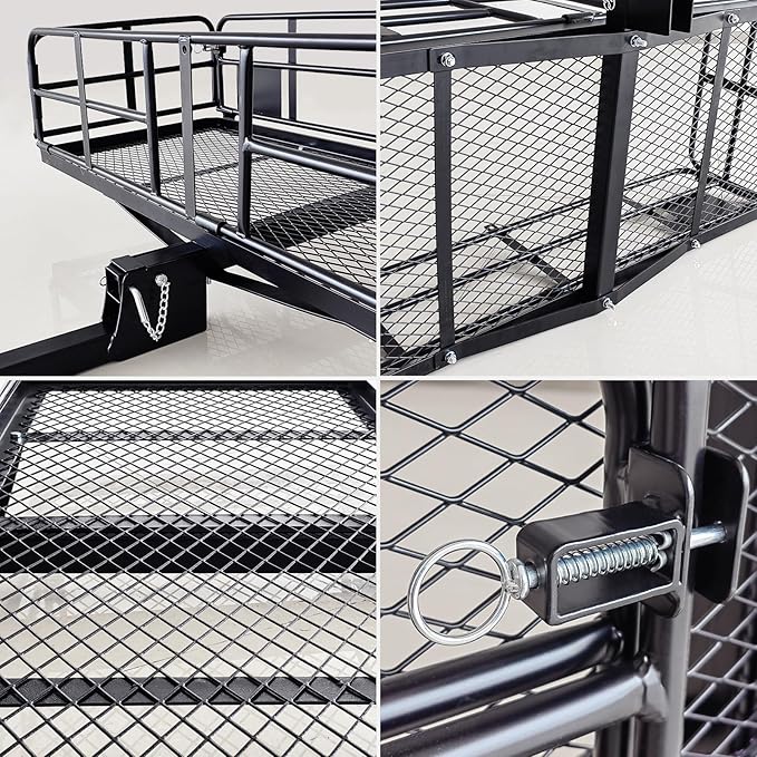 MeeFar High Rail Trailer Folding Hitch Mount Cargo Carrier Basket 60" X 24" X 14"+Waterproof Cargo Bag 20 cu ft(59" 24" 24"), Capacity of 500 Lbs with Hitch Stabilizer, Net, Lock and Straps