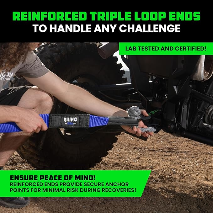 Rhino USA Recovery Tow Strap (2"x20')- 20024lb Break Strength- Emergency Recovery Strap Tow Rope for UTV, ATV & More- Heavy Duty Towing Strap for Offroad 4x4 Use- Compatible with RZR and Can-Am (Blue)
