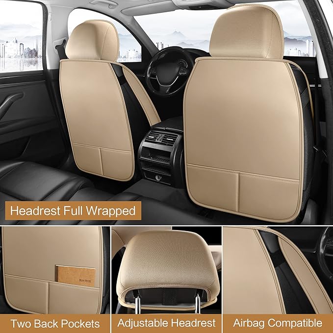 Pariitadin Leather Car Seat Covers Full Set, Waterproof Breathable Faux Leather Automotive Seat Covers for Cars, Non-Slip Car Interior Covers Universal Fit Most Cars Sedans Trucks SUVs, Beige