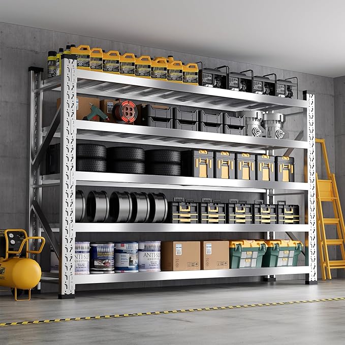 ZZV 78" W x 78" H Garage Shelving Heavy Duty Storage Shelves 5 Tier Stainless Steel Industrial Shelf Adjustable Garage Shelving Unit Utility Rack Shelf for Warehouse Basement Kitchen, 3858 LBS