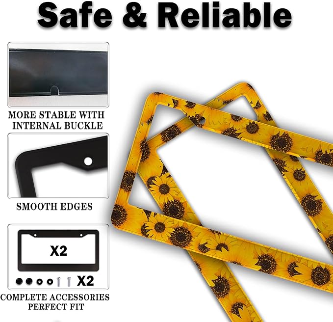 License Plate Protector for Women Yellow License Plate Frames for Men Sunflower Aluminum Metal Car Accessory 2 Pack with Screw Covers Set