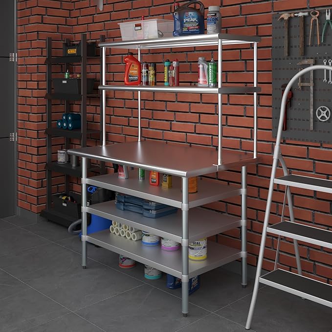 Amgood 30" x 48" Stainless Steel Work Table with 3 Shelves and 18" Wide Double Tier Overshelf | Metal Kitchen Prep Table & Shelving Combo | NSF