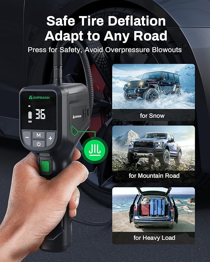 Tire Inflator Portable AMPBANK AT001, Portable Tire Inflator for Car with Pressure Gauge,Auto Air Pump150 PSI, Portable Air Compressor with LED for Car Tires, Motorcycle, SUV, Bicycle, Balls and more
