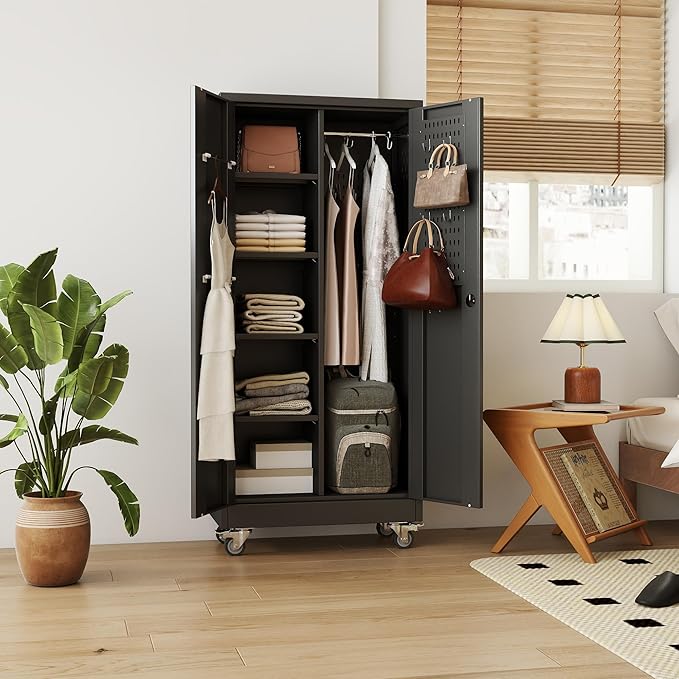 Garage Storage Cabinet with Wheels, 61.7" H Broom Closet Storage Cabinet with Hanging Rod, 5 Pegboard and 13 Hooks, Metal Cabinets with Locking Doors and 4 Shelves, Black