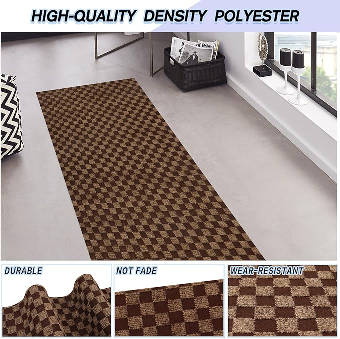 Custom Size Backed Non-Slip Area Rugs Runner, Easy Clean, Waterproof Runner Rugs for Hallway Entryway, Kitchen, Laundry, 2FT x 21FT, Brown Checkered