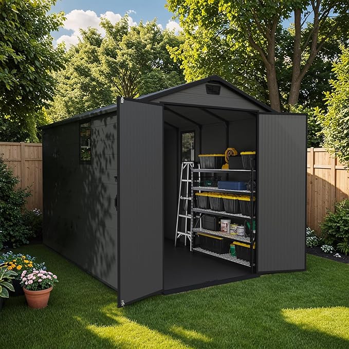 Patiowell 6x10 FT Outdoor Plastic Storage Shed with Floor - Lockable Resin Tool Shed, 2 Windows, Easy Assembly for Garden/Backyard (Dark Grey)
