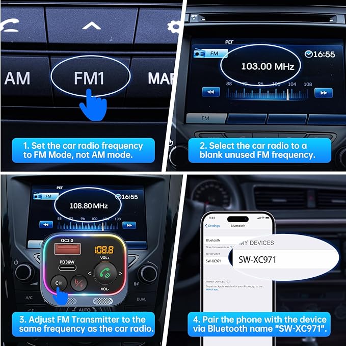Syncwire Bluetooth 5.4 FM Transmitter Car Adapter 54W (PD 36W & 18W) [Fast Charging] [Stronger Dual Mics] [Light Switch] [HiFi Deep Bass] Wireless Radio Receiver Hands-Free Calling LED Display, Blue