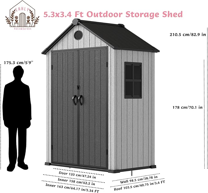 5.3x3.4 FT Resin Outdoor Storage Shed, 135 Cuft Garden Tool Sheds & Outdoor Storage Plastic Shed with Floor, 7FT Tall Outside Lawn Mower Storage Shed with Side Window, Cemented Grey Black