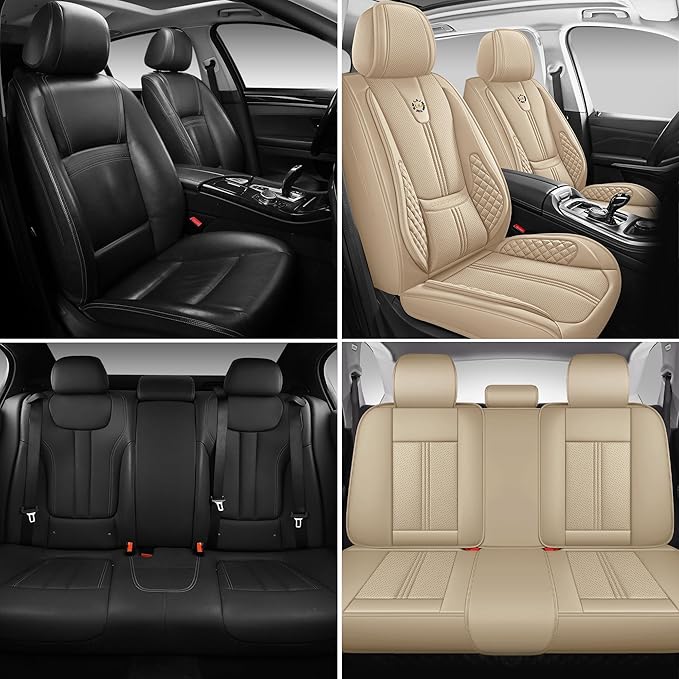 Car Seat Covers Full Set, Black Seat Cover for Cars Compatible Airbag, Easy Install Luxury Leather Automotive Seat Covers with Lumbar Support, for Car, Truck, SUV, Beige