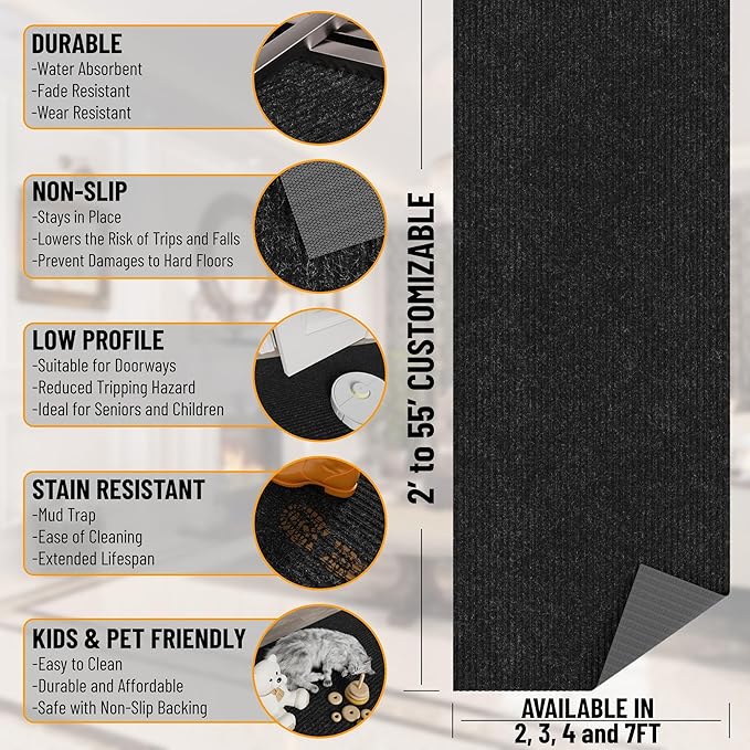 Ottomanson 6'6" x 29' Hallway Runner with Scraper Pile - Extra Durable Non-Slip Rug Mat for Indoor & Outdoor Use - Ideal for Kitchen, Entryway & Garage - High-Traffic Carpet, Black