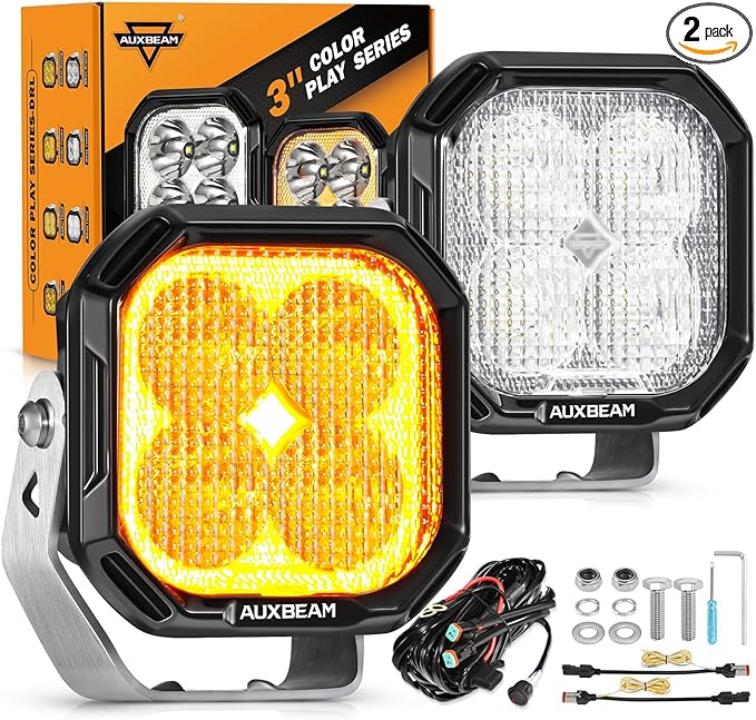 Auxbeam 3 Inch LED Pods Offroad Driving Lights with Amber White DRL & Turn Signal Fog Lights Color Play Series 11600LM 100W Flood Beam Cube Ditch Light Bar for Jeep, 2 Years Warranty
