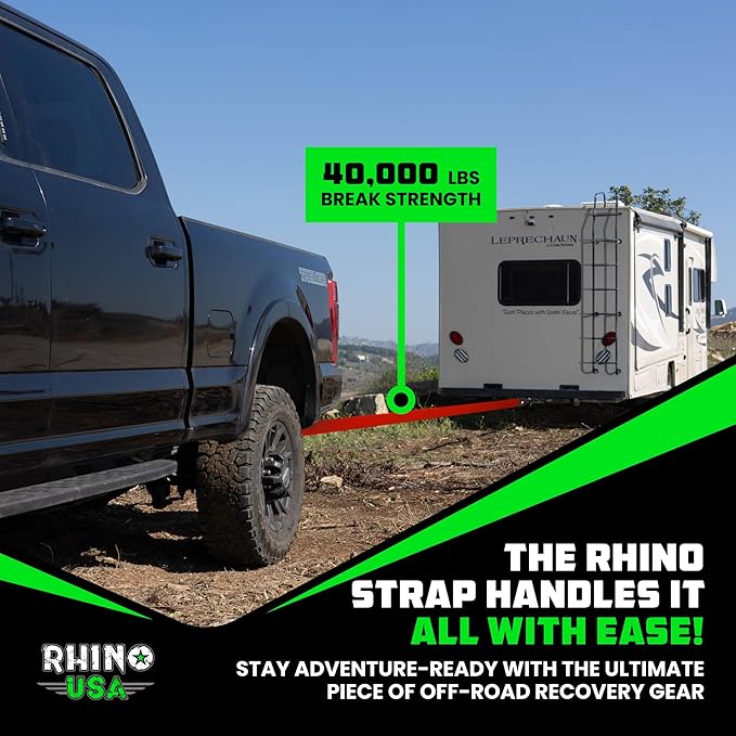 Rhino USA Recovery Tow Strap (4" x 30') - 40,320lb Break Strength - Emergency Recovery Strap Tow Rope for Diesel Trucks, Backhoe, Excavators & More - Heavy Duty Towing Strap for Offroad 4x4 Use (Red)