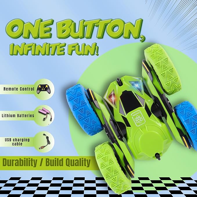 All-Round Drive Stunt RC Car - 360° Spins, High-Speed Off-Road with LED Headlights, 2 Rechargeable Batteries, AAA Remote Batteries, All-Terrain for Kids 6+ & Adults (Green & Blue)