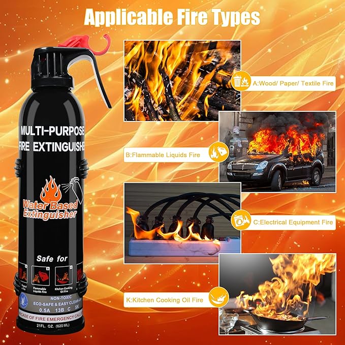 Fire Extinguishers for Home, 1 Pack Vehicle Fire Extinguisher with Mount, Portable Fire Extinguisher Effective on A, B, C, K Fires, Water-Based Extinguisher for Car Boat Office Truck Kitchen Garage RV