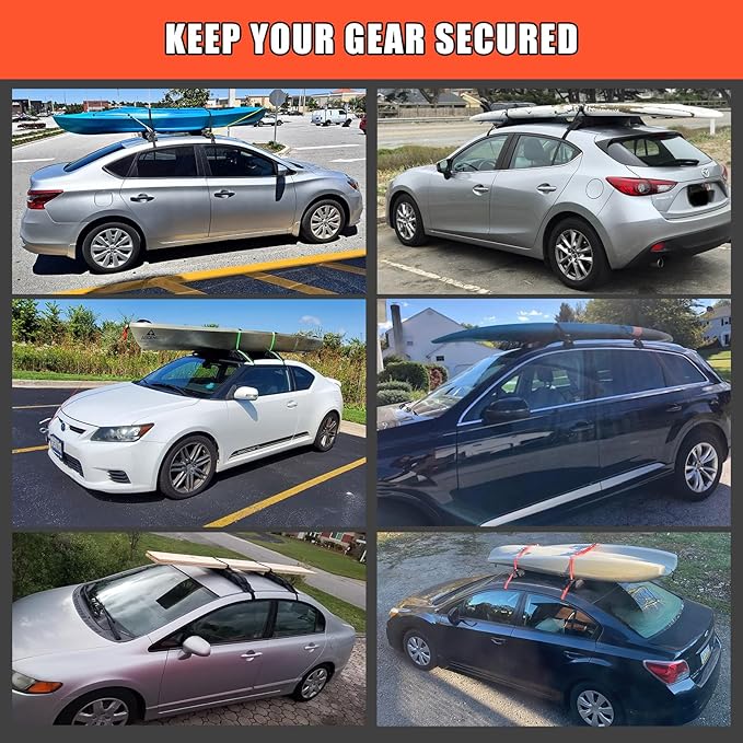 Universal Car Soft Roof Rack Pads Luggage Carrier System for Kayak Surfboard SUP Canoe Include 2 Heavy Duty Tie Down Straps, 2 Tie Down Rope, 2 Quick Loop Strap (Use with Crossbar)