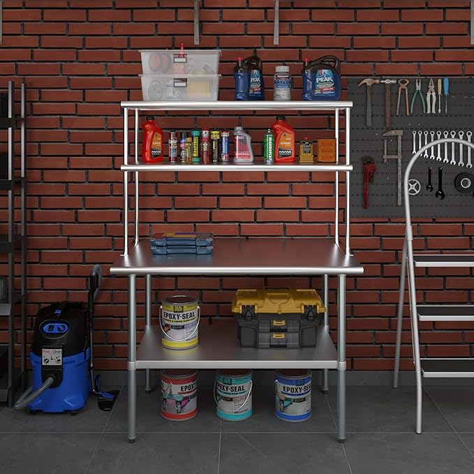 Amgood Stainless Steel Work Table Double Tier Overshelf | 30" x 48" Work Table + 18" Overshelf
