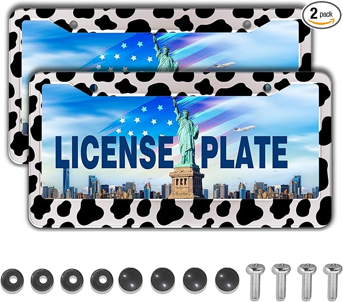 License Plate Frames Black and White License Plate Frame Animal Cow Print White Black Spot Design Universal Aluminum Car Accessory 2 Pack with Screw Covers Set