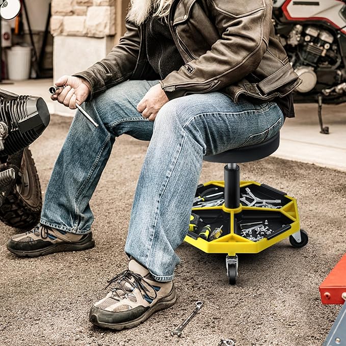 Goplus Mechanic Stool, Rolling Garage Chair with 16”-22” Adjustable Height, Removable Magnetic Tool Tray, 2” Thick Padded Cushion, Universal Wheels, 330LBS, Roller Creeper Seat (Yellow & Black)