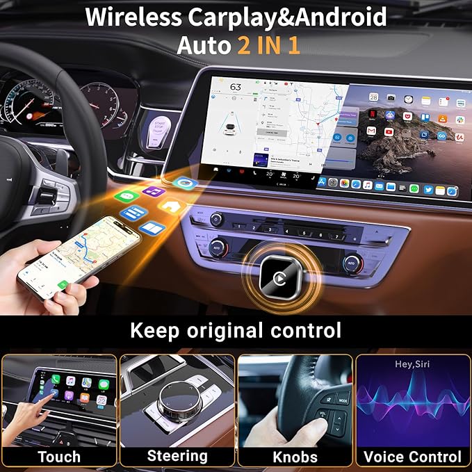 Wireless CarPlay and Android Auto Adapter, Mini Size Car Play Adapter, Plug and Play, Fast Connection for iPhone and Android
