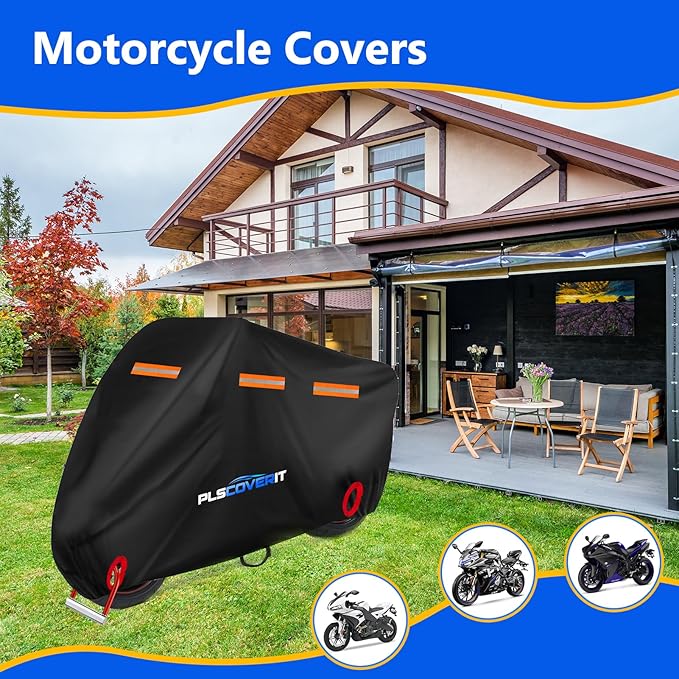 Motorcycle Cover, 600D Heavy Duty Waterproof Motorbike Cover, Dustproof Motorcycles Vehicle Cover Scooter Shelter Protection with Reflective Strips & Storage Bag 97.5" x 41" x 50"
