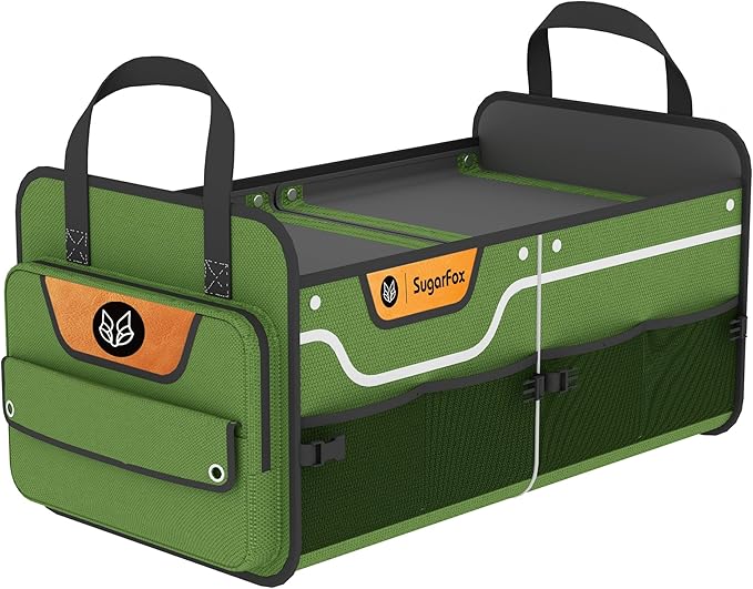 Foldable Waterproof Car Organizer with Non-Slip Traction Rope, 23.2”x13.8”x11.8” Heavy-Duty Trunk Organizer for SUV, Car Essentials List, Portable Vehicle Organizer,GREEN-M003