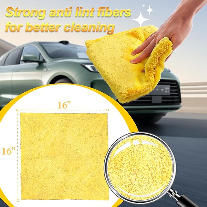 Micro Fiber Towels Car，Coral Fleece Car Wash Cleaning Towel,Endless,Absorbent, Scratch Free,No Lint, Extra Soft,Reusable and Durable,Interior Microfiber Rags 16in x 16in-6 Packs Yellow