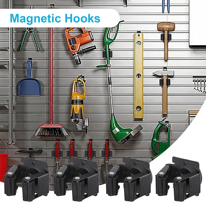 4PCS Magnetic Mop Broom Holder – Heavy Duty, Anti-Slip Wall Mount with Adjustable Gripper for Garage, Kitchen, Laundry & Garden Organization