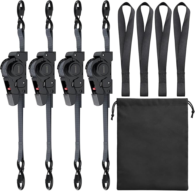 Justech 4 Pack Retractable Ratchet Straps, 1 in x 11.6 ft-1411 lbs Break Strength, Heavy Duty Auto Ratchet Tie Down Straps with Soft Loops & Storage Bag for Motorcycle, Truck, Trailer, Cargo Van, Boat